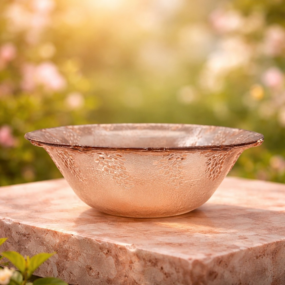 Vintage KIG Indonesia Pink Grape Leaf depression Glass Textured Bowl